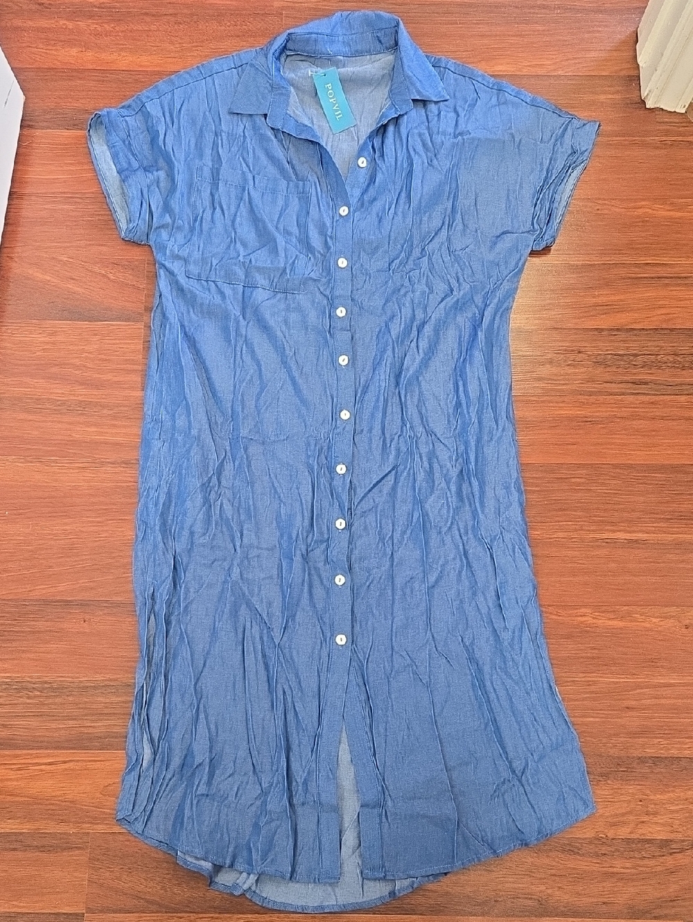 Popvil Chambray Button-Front Shirt Dress in Blue Size Large NWT Has Pockets - Picture 1 of 9